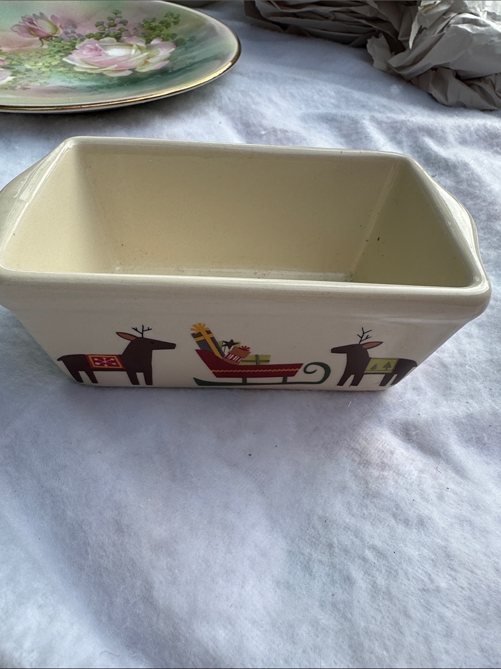 Holiday Reindeer & Sleigh Ceramic Loaf Pan - Cream